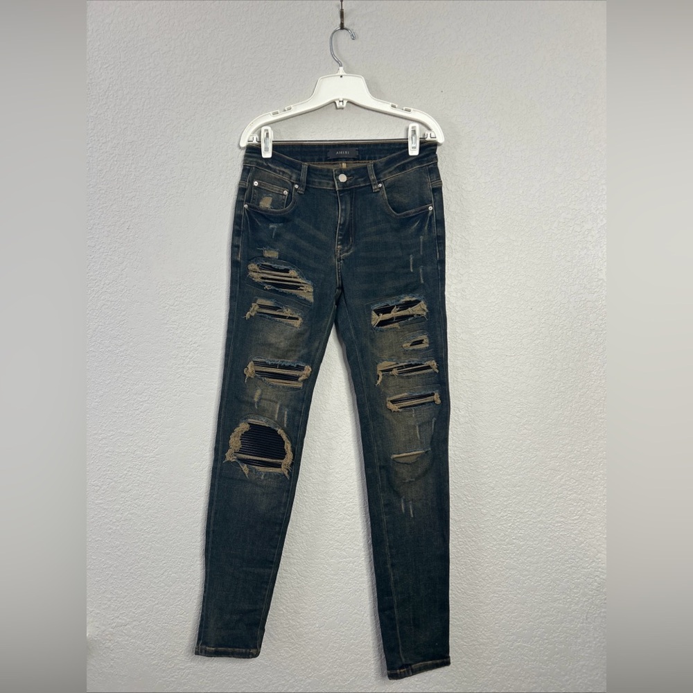 Amiri Men’s Distressed Leather Patch Dark Wash Skinny Jeans Size 29